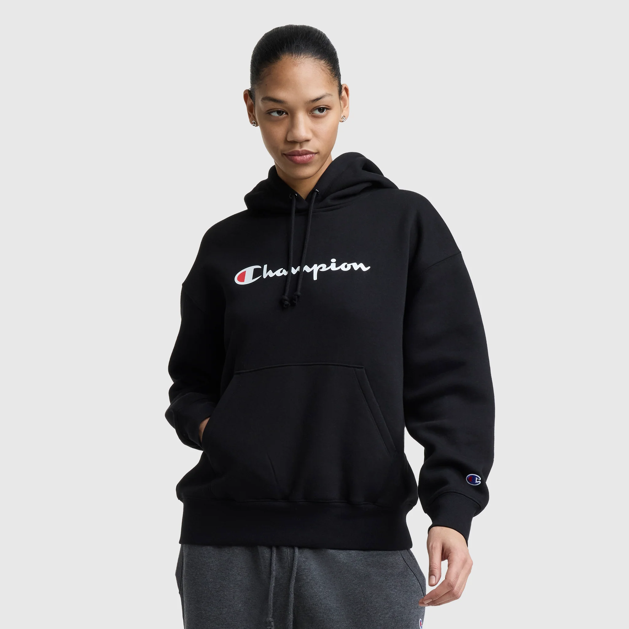 Champion Women's Powerblend Relaxed Hoodie. Script Logo