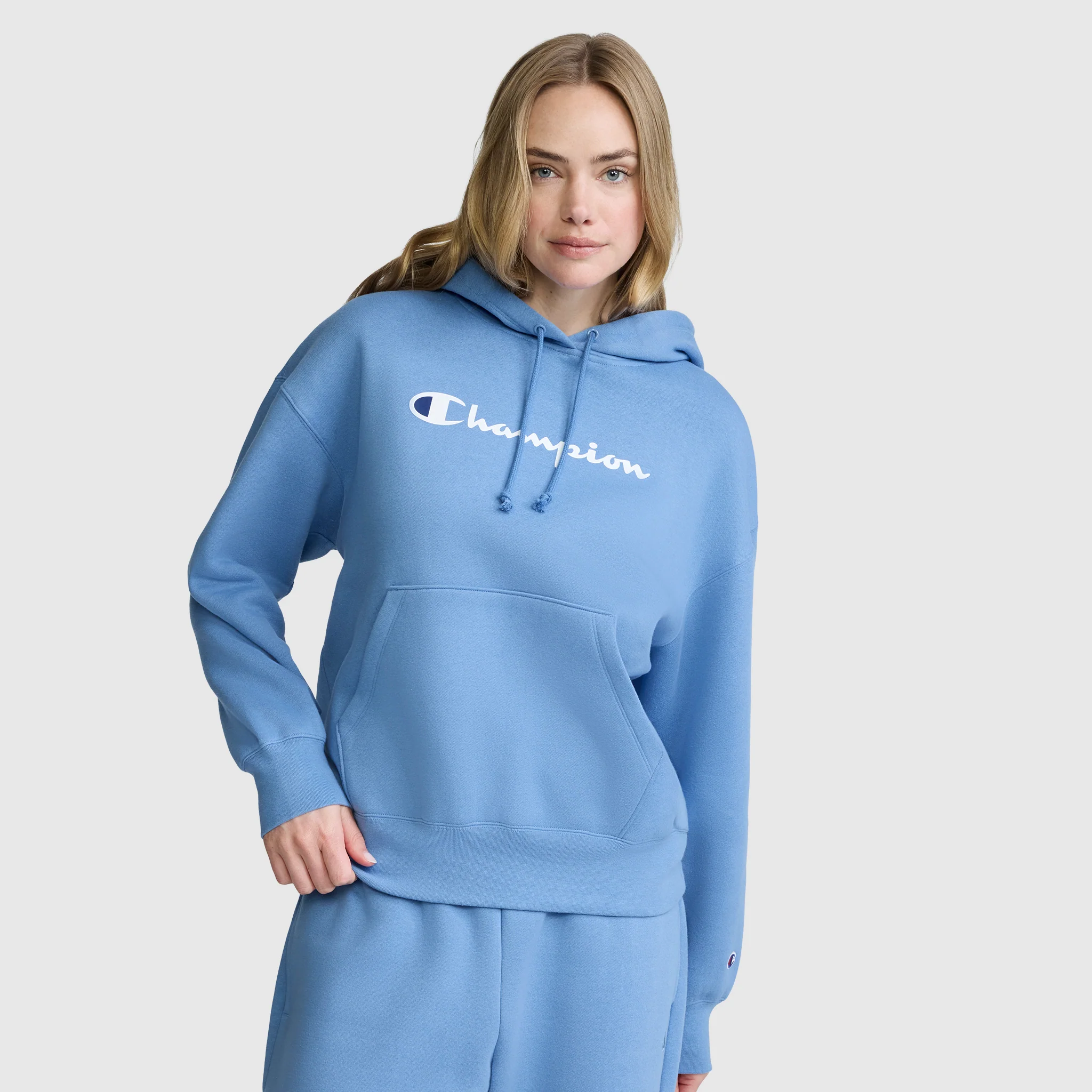 Champion Women's Powerblend Relaxed Hoodie. Script Logo